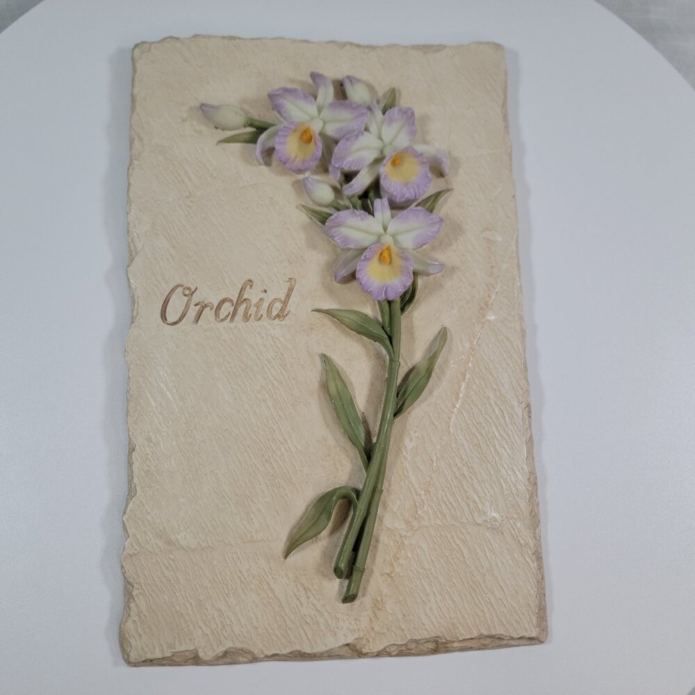 Home Interiors Wall Plaque Slate Look Fluted Relief Orchid Flower 11" x 7"